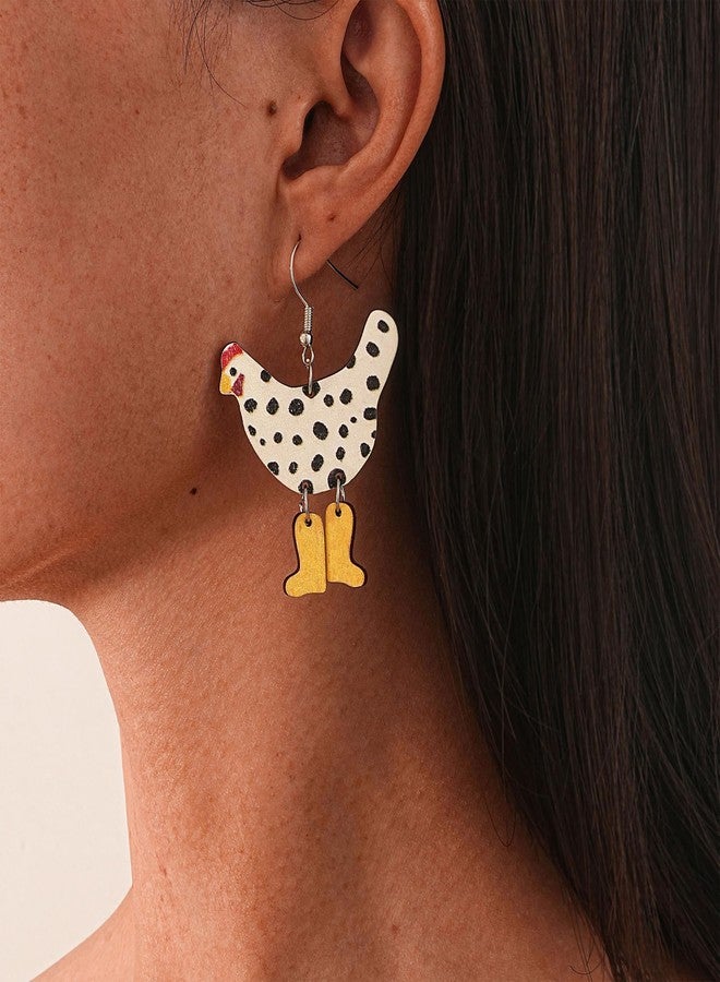 POYAMUSE Chicken in Boots Dangle Earrings - Rooster in High Heels Drop Earrings - Funny Animal Earrings for Women-white yellow - Image 2